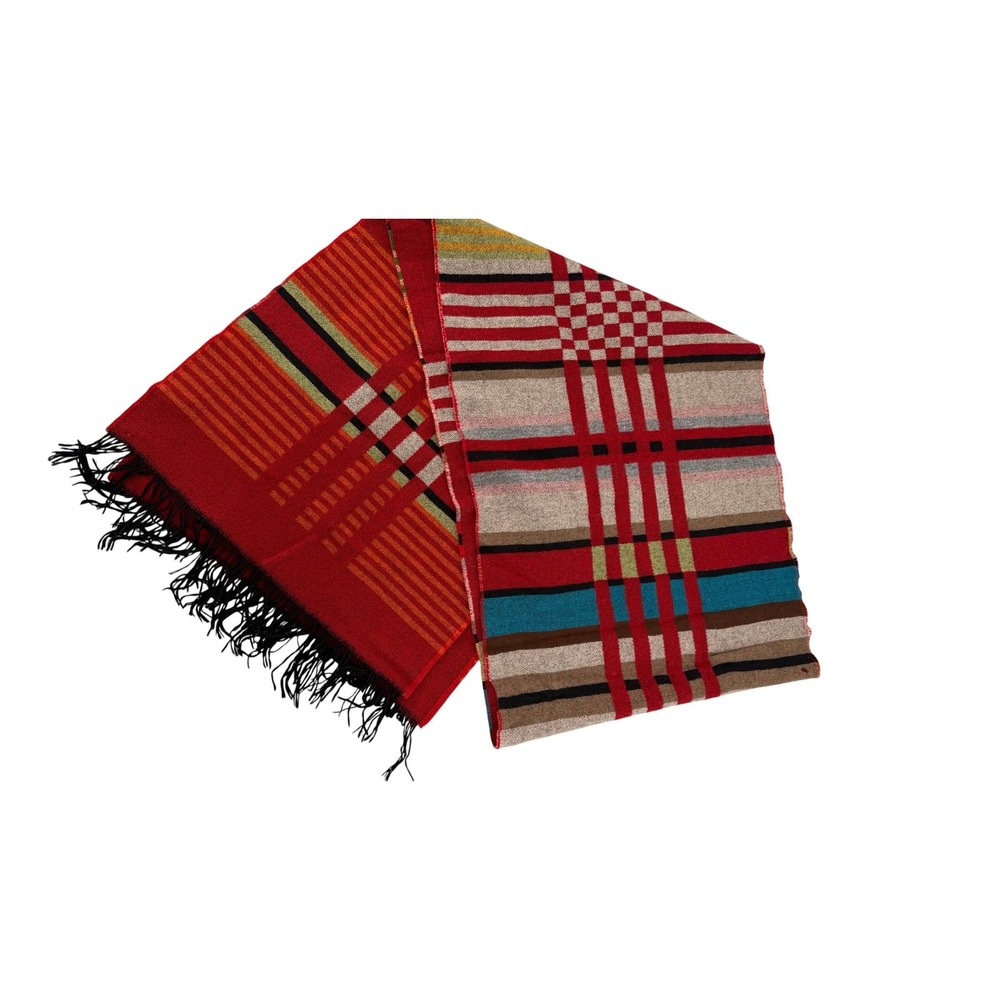 Pendleton Virgin Wool Scarf Red Multi Plaid Stripe Checkered Fringe Made in USA